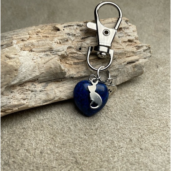 Lapiz Lazuli Heart Shaped Stone Love My Cat Keychain Or Purse Toggle - Picture 3 of 12